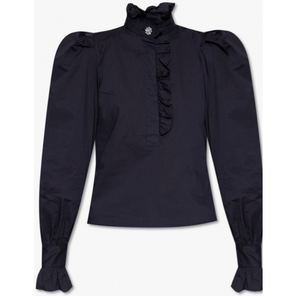 Navy blue Puff Sleeve Mandarin Collar Blouse